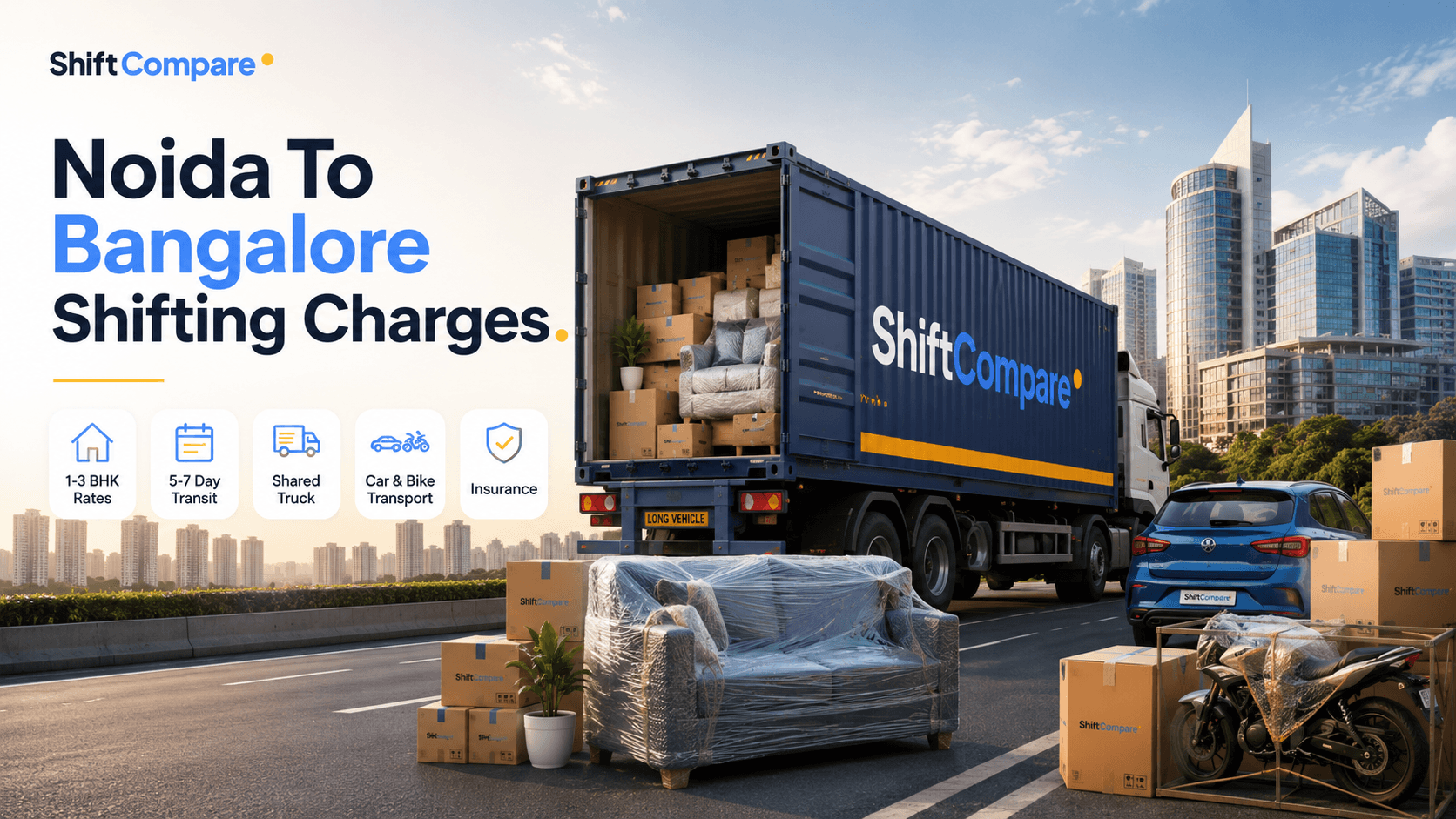 Noida to Bangalore packers and movers charges by BHK, truck mode and delivery timing
